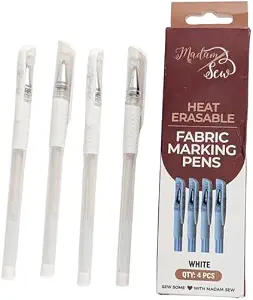Madam Sew Heat Erasable White Fabric Marking Pen for Sewing and Quilting | Fabric Markers for Sewing, Embroidery, Dressmaking with 4 Pens | No Ghost Lines, Disappearing Ink for Precise Marking
