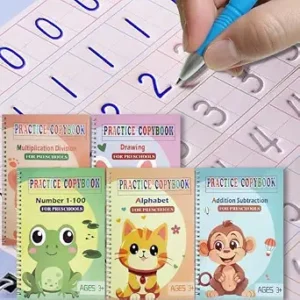 Magic Grooved Practice Copybook 5 Pack with Pens, Groove Reusable Magical Handwriting Workbooks, Tracing Letters Numbers, Math, Kindergarten Sight Words for Kids Ages 3-8 for Preschool(5books+Pens）