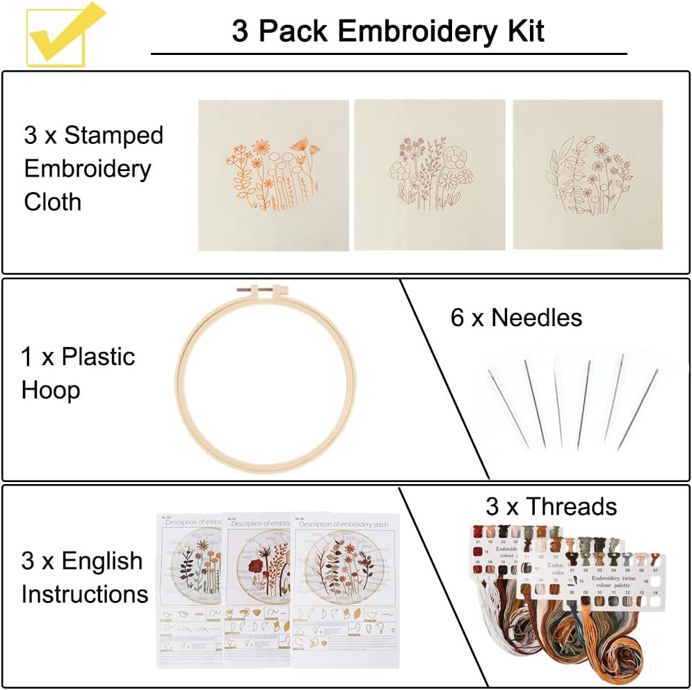 Uphome 3 Pack Embroidery Starter Kit for Beginners Stamped Cross Stitch Kits with Cute Flowers and Plants Patterns with 1 Embroidery Hoop and Color Threads for Adults Kids - Image 4