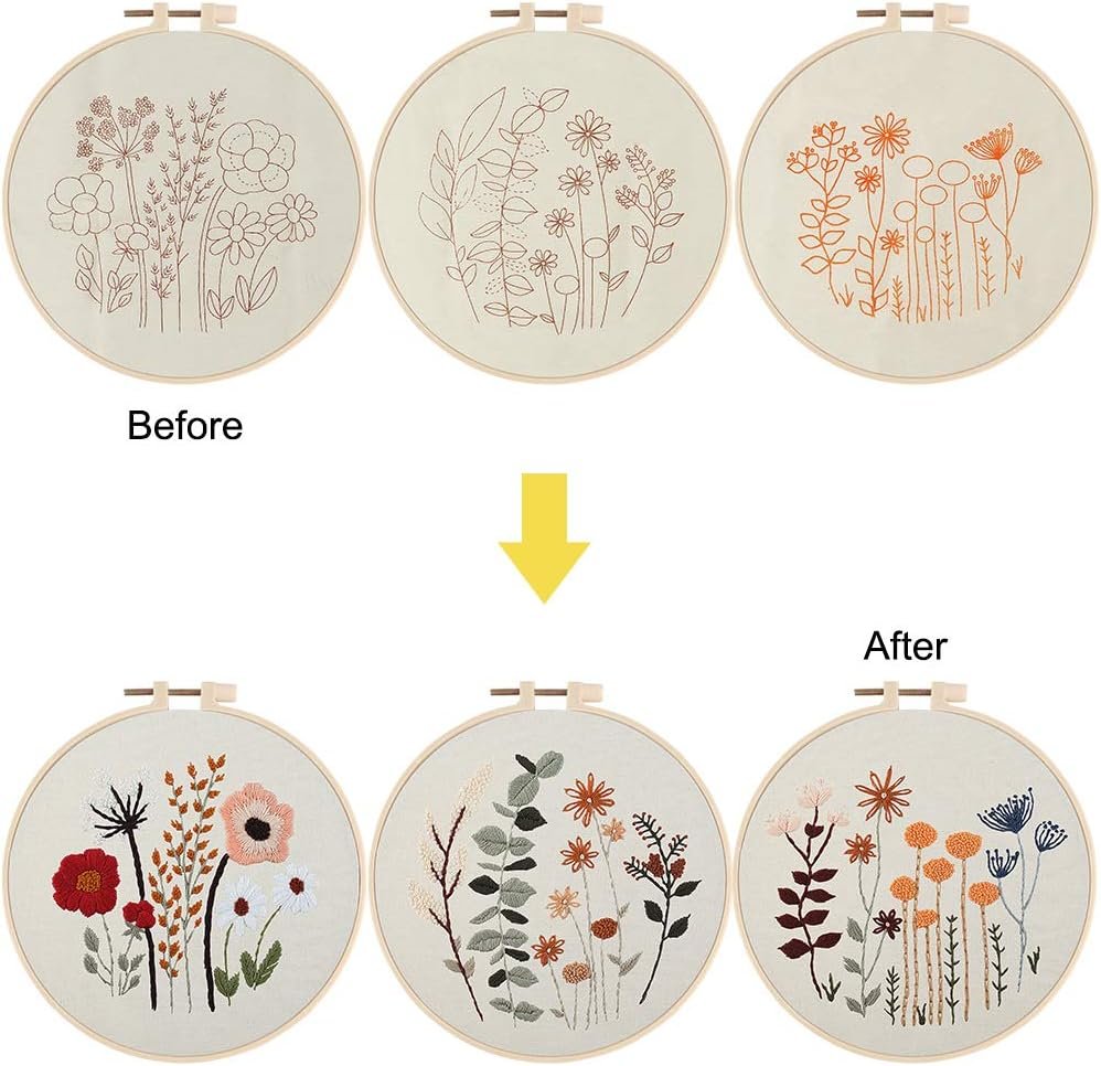 Uphome 3 Pack Embroidery Starter Kit for Beginners Stamped Cross Stitch Kits with Cute Flowers and Plants Patterns with 1 Embroidery Hoop and Color Threads for Adults Kids - Image 3