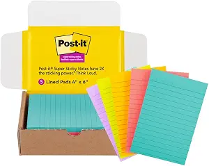 Post-it Super Sticky Notes, 4 x 6 in, Supernova Neons, 5 Lined Pads
