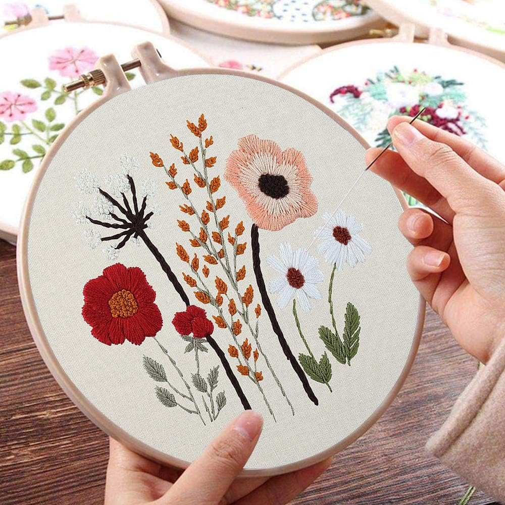 Uphome 3 Pack Embroidery Starter Kit for Beginners Stamped Cross Stitch Kits with Cute Flowers and Plants Patterns with 1 Embroidery Hoop and Color Threads for Adults Kids - Image 5