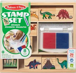 Melissa & Doug Wooden Stamp Set: Dinosaurs - 8 Stamps, 5 Colored Pencils, 2-Color Stamp Pad - FSC Certified