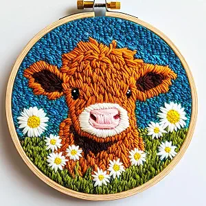 DIY Punch Needle Kits Highland Cow with Daisy Flower with Hoop 20x20cm-1