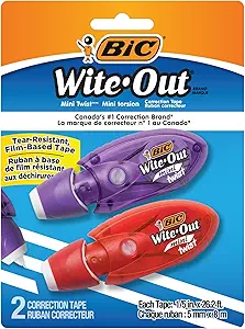 BIC Wite-Out Mini Twist Correction Tape, No Dry Time, Tear Resistant Tape, White, 2-Count