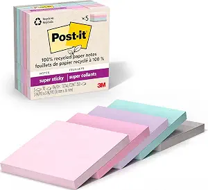 Post-it 100% Recycled Super Sticky Notes, 3 x 3 in, Pastels, 5 Pads
