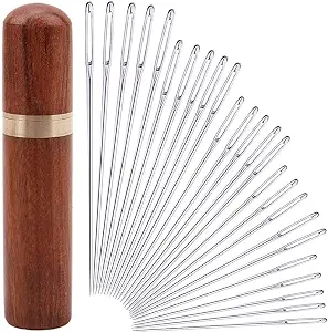 25Pieces Hand Sewing Big Eye Needles Sharp Needle，with Solid Wood Needle Case for
