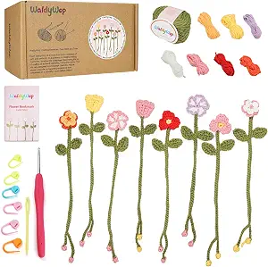 WaldyWop Crochet Kit for Beginners: 8 Flower Bookmarks Knitting Kit w/Video