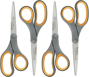 Westcott 8-Inch Titanium Bonded Straight Scissors, Soft Handle, Gray/Yellow, 4-Pack