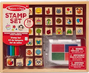 Melissa & Doug Wooden Stamp Set, Favorite Things - 26 Wooden Stamps, 4-Color Stamp Pad