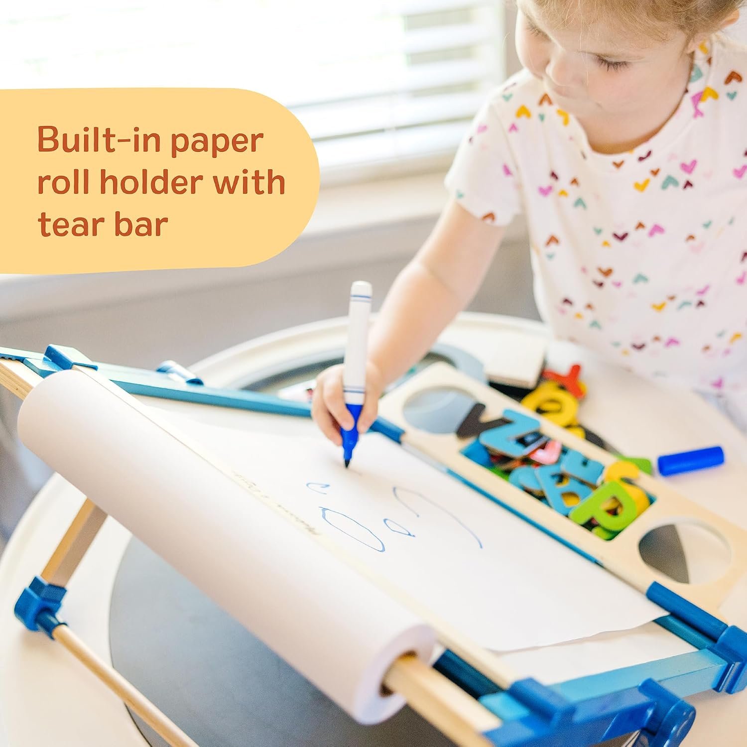 Melissa & Doug Magnetic Tabletop Easel, Deluxe Double-Sided Wooden Art Set with Chalkboard, Dry-Erase Board, Paper Roll Holder, Magnets & Art Supplies, Preschool Learning Toys for Kids Ages 3+ - Image 4