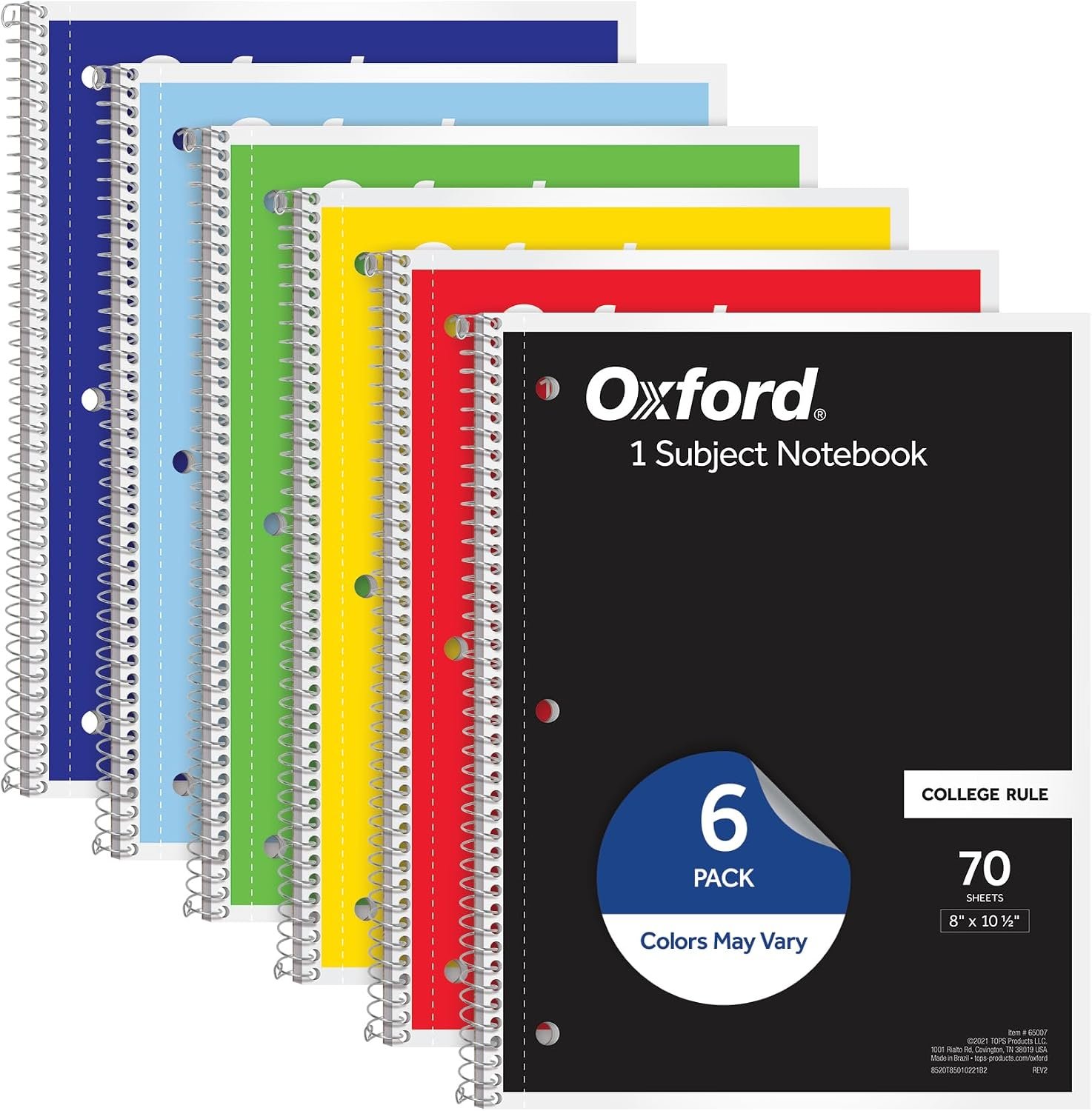 Oxford Spiral Notebook 6 Pack, 1 Subject, College Ruled Paper, 8 x 10-1/2 Inch, Color Assortment Design May Vary (65007) - Image 2