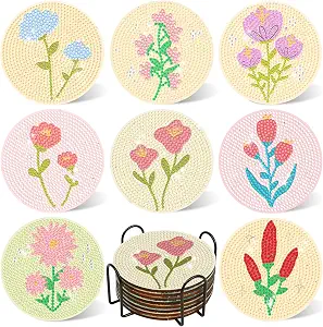 DOTSOPS 8 Pcs Flowers Diamond Art Coasters for Adults with Holder 4 in