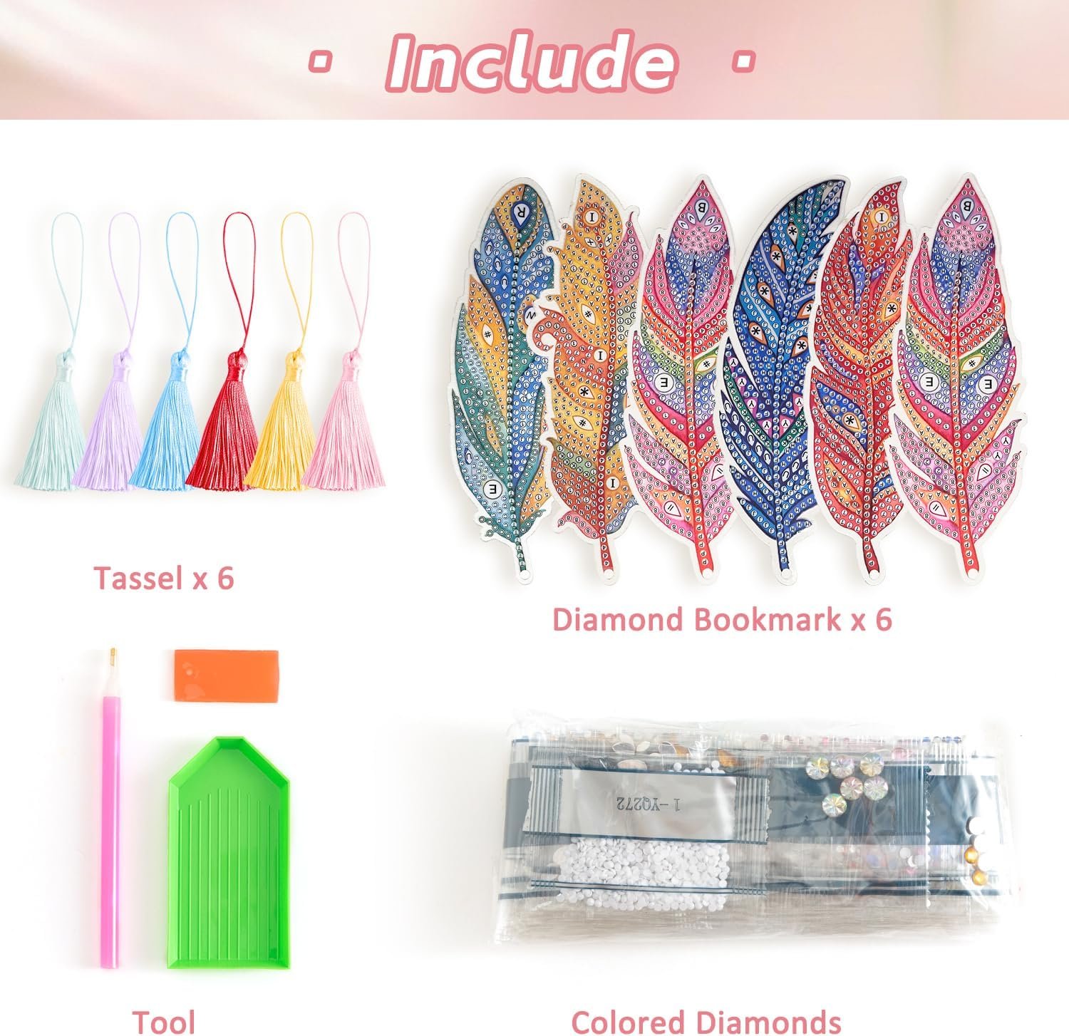 6 Pcs 5D Diamond Painting Art Kit, DIY Acrylic Crystal Diamond Bookmarks with Tassel, Flower & Feather Designs, Handmade Crafts BookMark Gift for Book Lovers, Women & Teenage, Creative Decor - Image 3