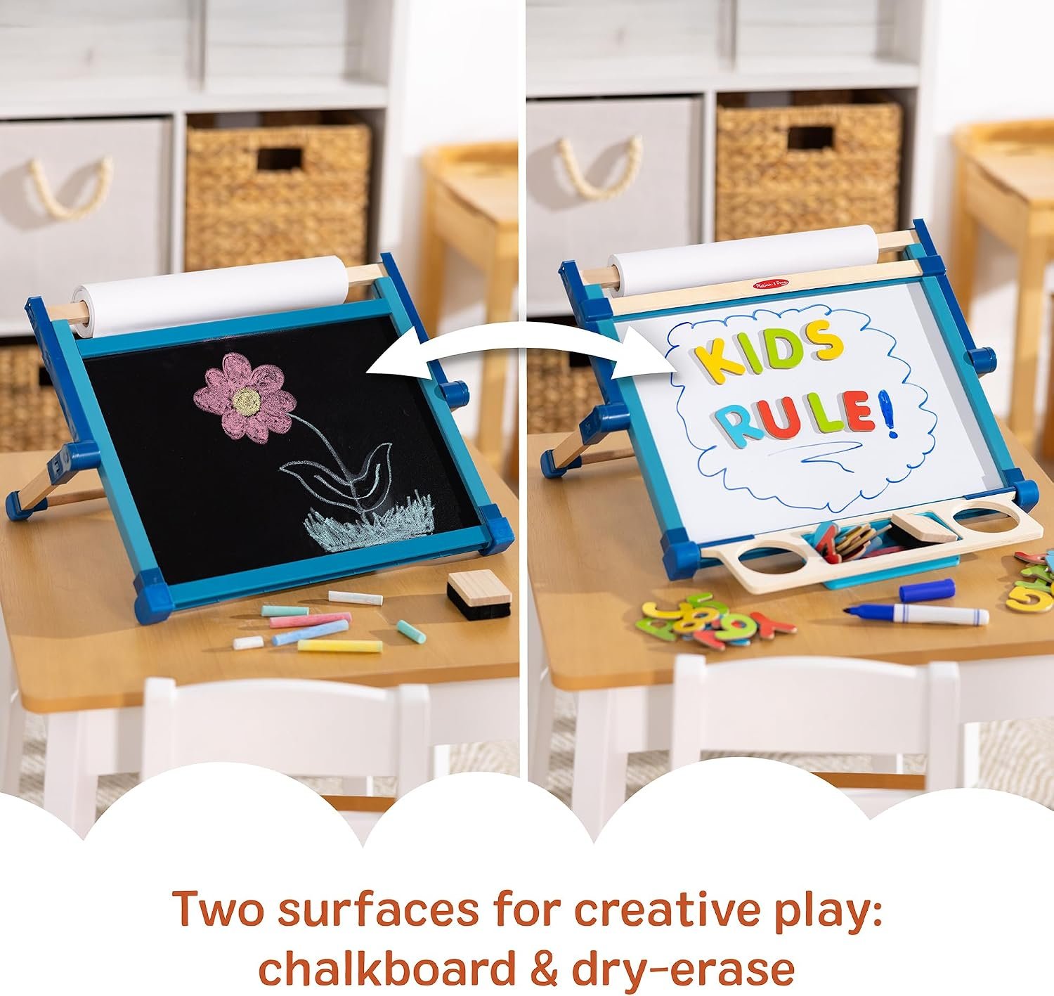 Melissa & Doug Magnetic Tabletop Easel, Deluxe Double-Sided Wooden Art Set with Chalkboard, Dry-Erase Board, Paper Roll Holder, Magnets & Art Supplies, Preschool Learning Toys for Kids Ages 3+ - Image 5