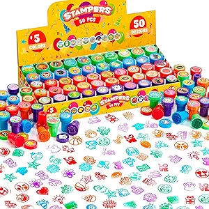 JOYIN 50 Pcs Assorted Stamps for Kids - Self-Ink Stamps with 50 Designs for Birthday Party Favor, Carnival Prizes, School Stampers, Goodie Bag, Classroom Treasure Box Toys (Zoo, Holiday Stampers)
