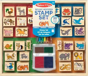 Melissa & Doug Deluxe Wooden Stamp Set: Animals - 30 Stamps, 6 Markers, 2 Stamp Pads Kids Art Projects, Wooden Stamps with Washable Ink, for Kids Ages 4+