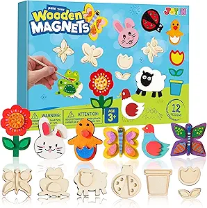 JOYIN 12 Wooden Magnet Creativity Arts & Crafts Painting Kit for Kids, Decorate Your Own Painting Gift for Halloween Crafts, Birthday Parties and Family Crafts, Party Favors for Boys Girls