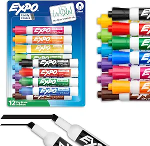 EXPO Dry Erase Markers, Low Odor Ink, Assorted Colors, Chisel Tip, 12 Count