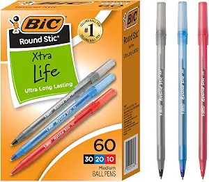 BIC Round Stic Xtra Life Assorted Ink Ballpoint Pens, 60-Count, 1.0mm