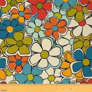 Feelyou Retro Hippie Flower Fabric By The Yard 1 Yard 60s 70s Groovy Decorative Soft Flannel Cartoon Vintage Boho Plant Floral Botanical Upholstery for Chairs Green Blue Fabric
