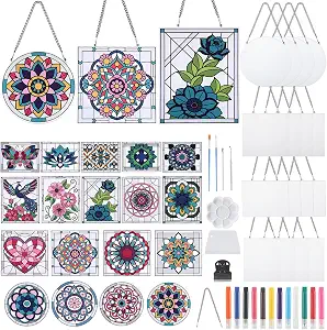 73 Pcs Mandala Stained Glass Painting Starter Kit for Adult Mandala Suncatchers Crafts Kit DIY Window Paint Art 12 Colors 18 Suncatchers 18 Patterns 18 Chains and 7 Tool for Home Decor