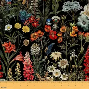 Erosebridal Florals Flannel Fabric by The Yard - Spring Summer Natural Upholstery, Leaves Fresh Botanical Indoor Not Stretchy, Flowers Garden DIY Decorative - Black Red Yellow, 1 Yard