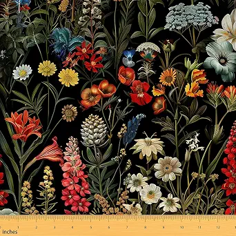Erosebridal Florals Flannel Fabric by The Yard - Spring Summer Natural Upholstery, Leaves Fresh Botanical Indoor Not Stretchy, Flowers Garden DIY Decorative - Black Red Yellow, 1 Yard