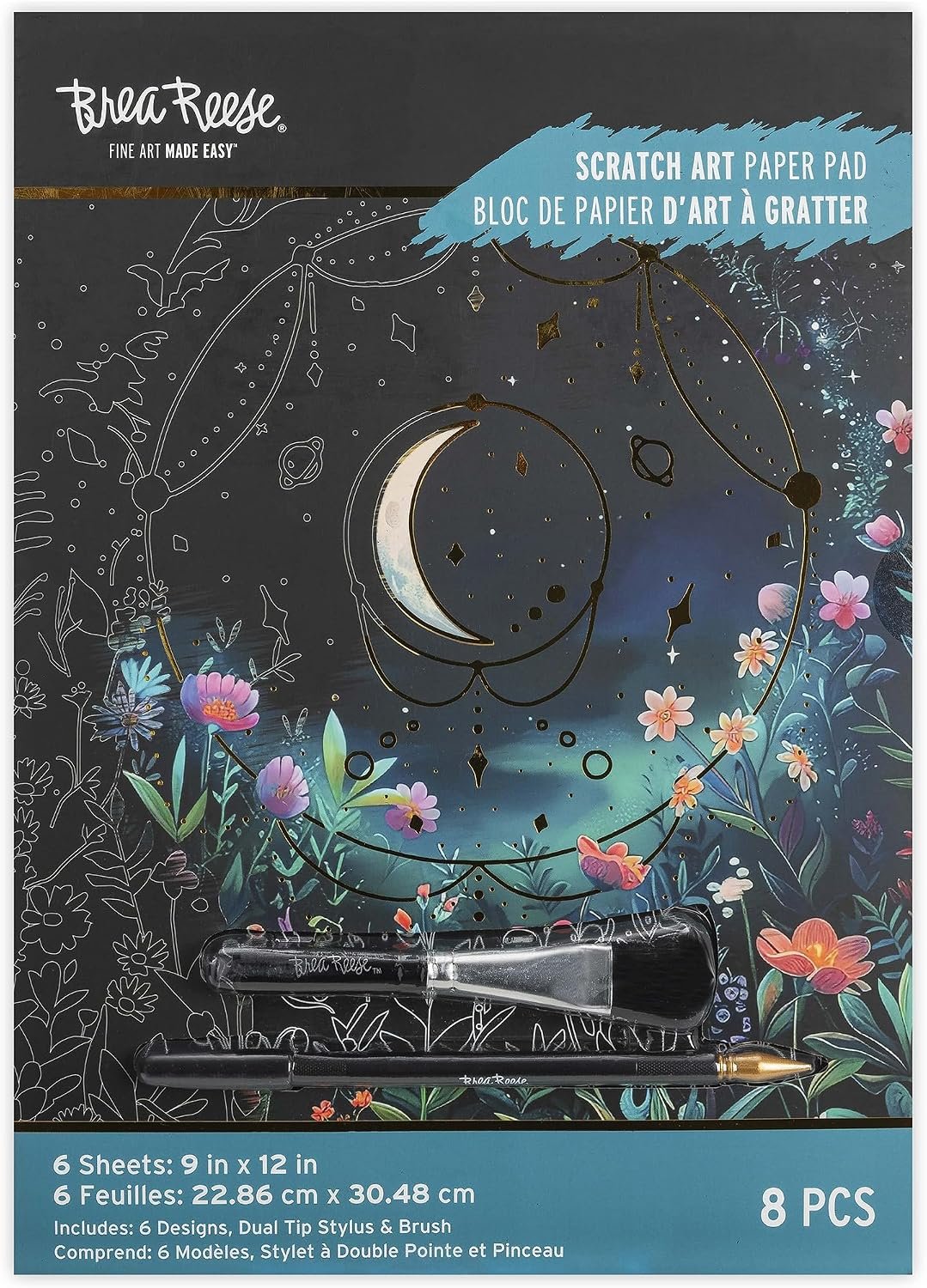 Brea Reese Scratch Art Paper Pad, Moonlight Garden 9x12in Adult Craft Kit - Image 2