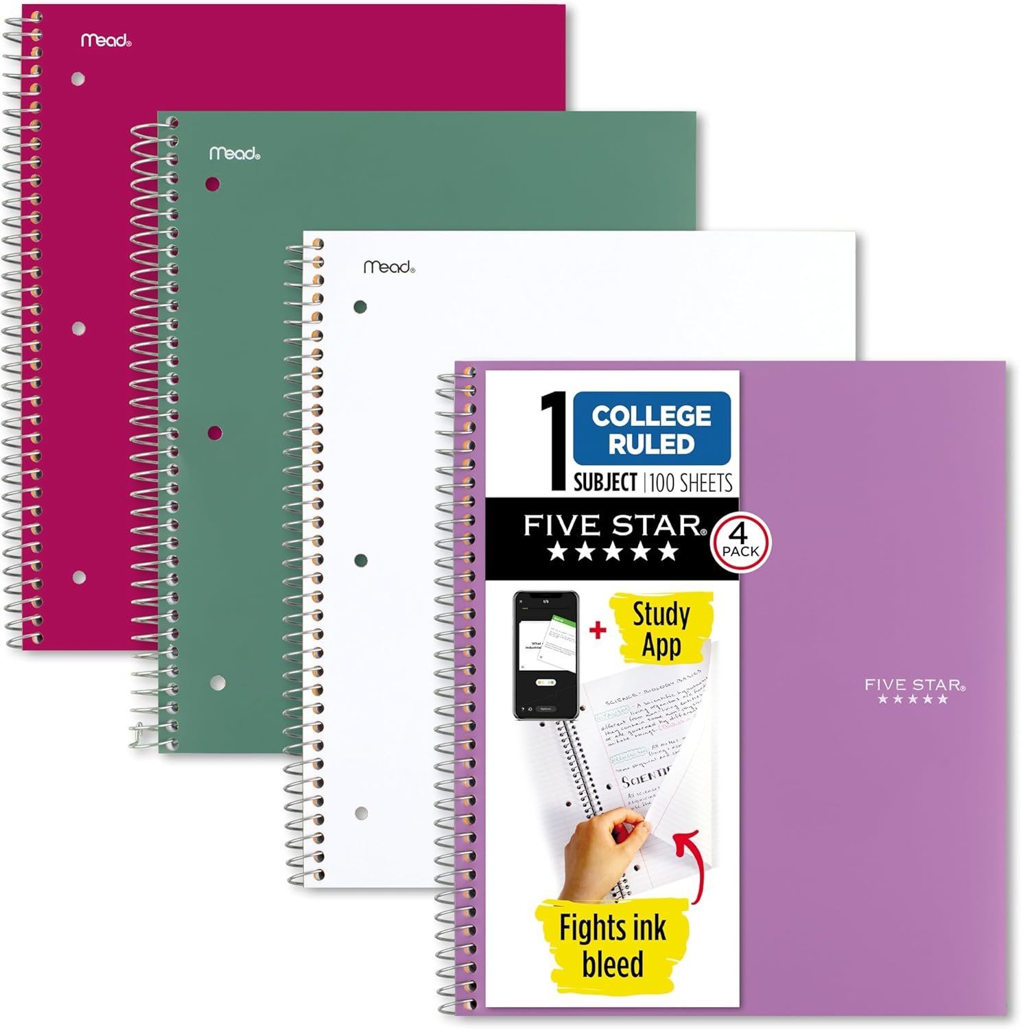 Five Star Spiral Notebook + Study App, 100 Sheets, 1 Subject, College Ruled Paper, Fights Ink Bleed, Water Resistant Cover, 820337-ECM, Purple, Pink, White & Green, 8-1/2" x 11", 4 Pack - Image 2