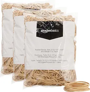 Amazon Basics Rubber Bands, Office Supplies, Size 33 (3-1/2 x 1/8 Inch), Stretchy, 600 Bands/1 lb Pack, 3-Pack, Tan