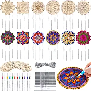 Potchen 18 Sets DIY Wind Chimes Craft Kit Unfinished Wood Art, Mandala