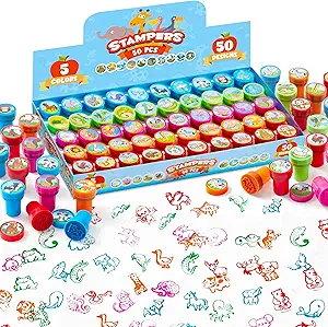 JOYIN 50 Pcs Animal Stamps for Kids, with 50 Different Designs, Farm,Sea Animals,Stamps for Crafting, Prize Box Toys for Classroom, Kids Party Favor, Birthday Party Favor Goodie Bag