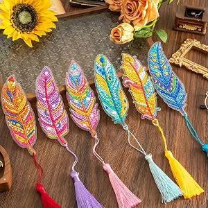 6 Pcs 5D Diamond Painting Art Kit, DIY Acrylic Crystal Diamond Bookmarks with Tassel, Flower & Feather Designs, Handmade Crafts BookMark Gift for Book Lovers, Women & Teenage, Creative Decor