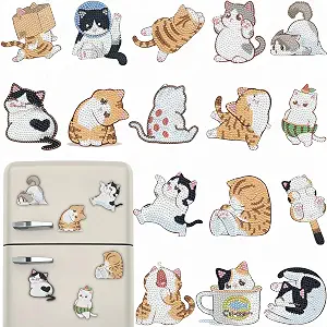 16 Pcs Cat Diamond Painting Magnets Kits Diamond Art Fridge Magnet Refrigerator Sticker Diamond Painting kit for Beginners Adults DIY Art Craft Gifts Home Decors