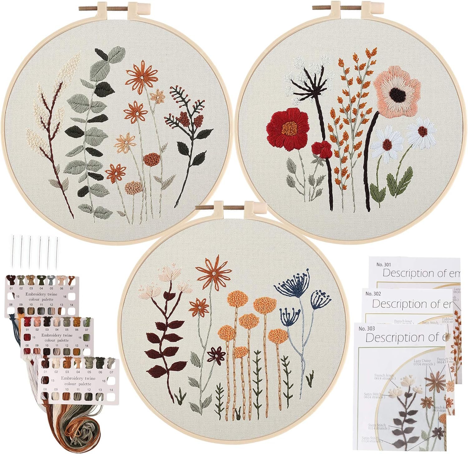 Uphome 3 Pack Embroidery Starter Kit for Beginners Stamped Cross Stitch Kits with Cute Flowers and Plants Patterns with 1 Embroidery Hoop and Color Threads for Adults Kids - Image 2